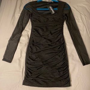 Boohoo black square neck ruched mini dress
